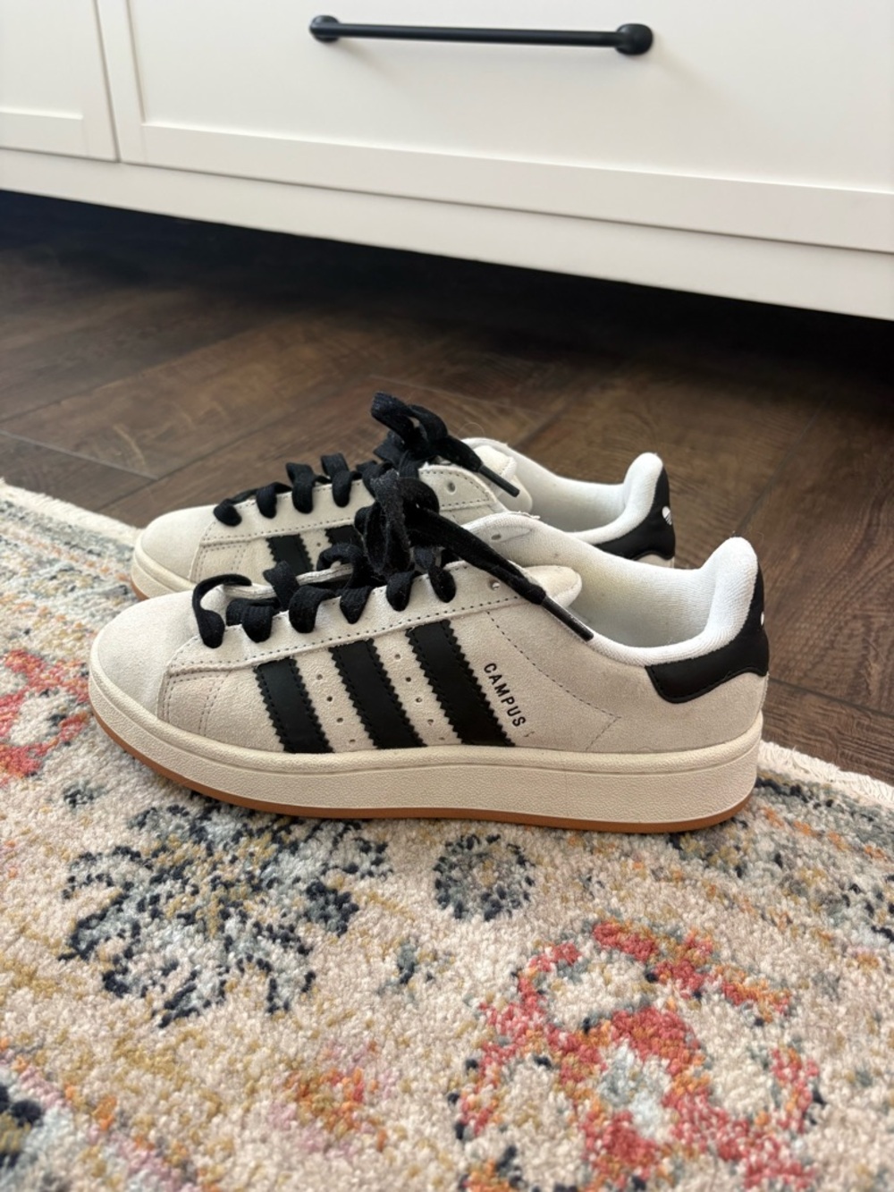 adidas Suede Low-Top Sneakers - Off White Upper with Black Stripes and Gum Sole